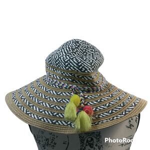 Steve Madden White Black Paper Straw Khaki Sun Hat Wide Brim One Size